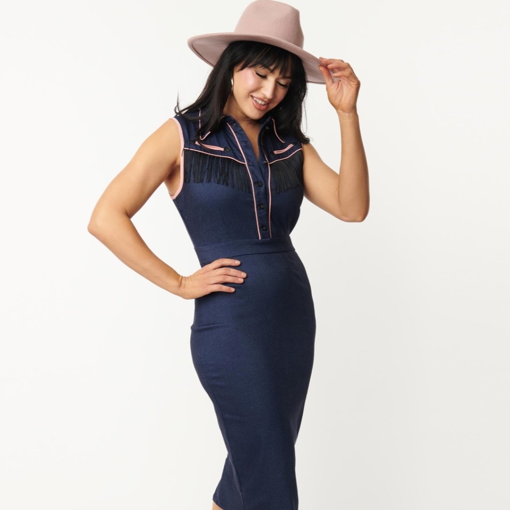 Blue Denim Western Fringe Wiggle Dress | Unique Vintage | New with Tags